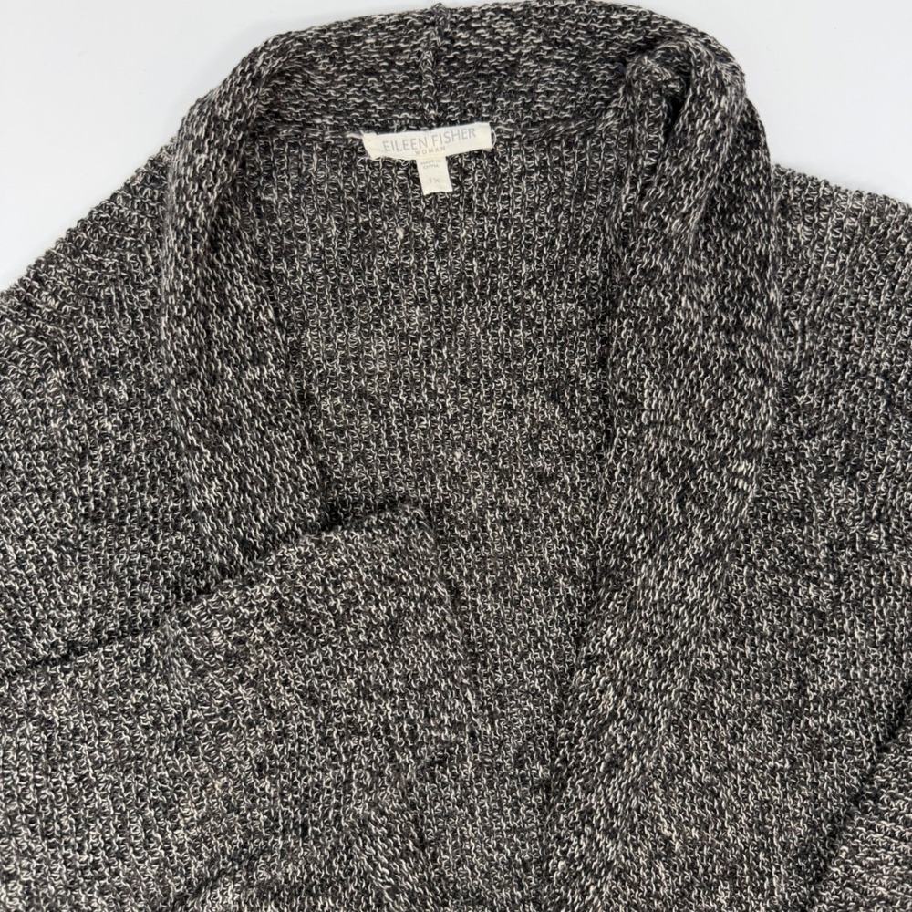 Eileen Fisher Woman 1X Black White Marled 100% Linen Open Front Cardigan Sweater
